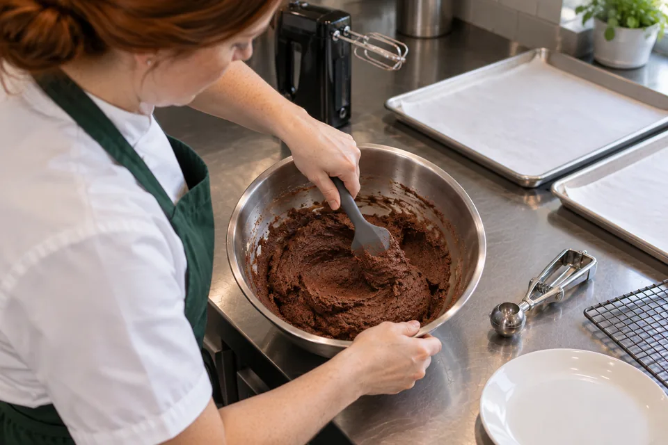 Cook folds an even dark cocoa dough with a spatula.