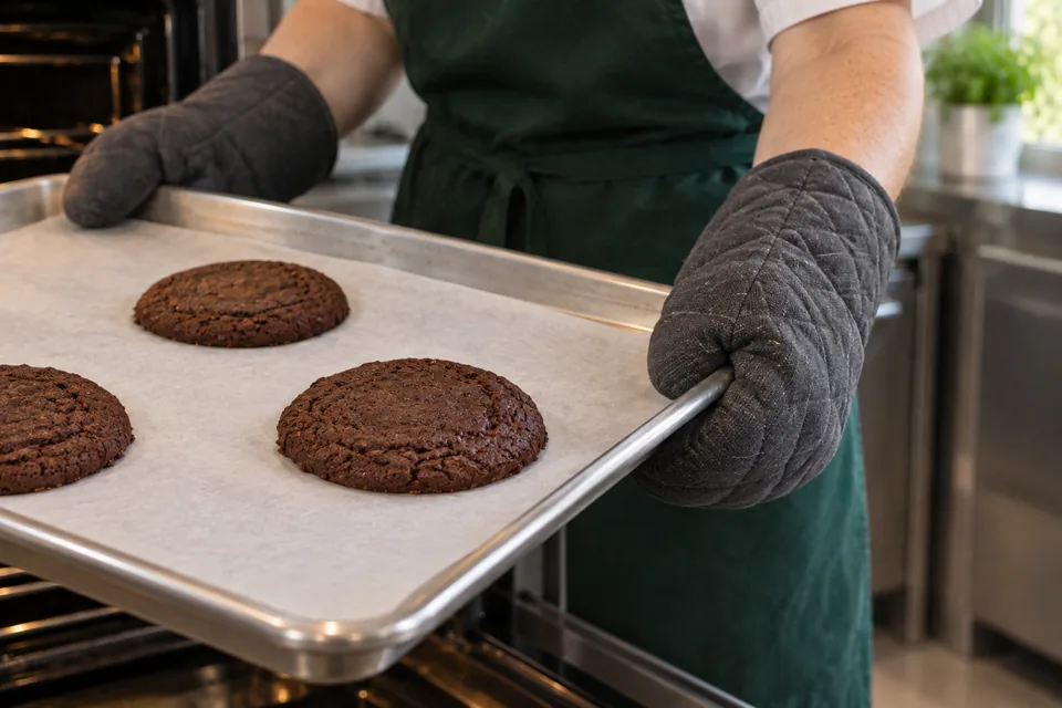Close view of baked cocoa cookies on a tray held with oven mitts.