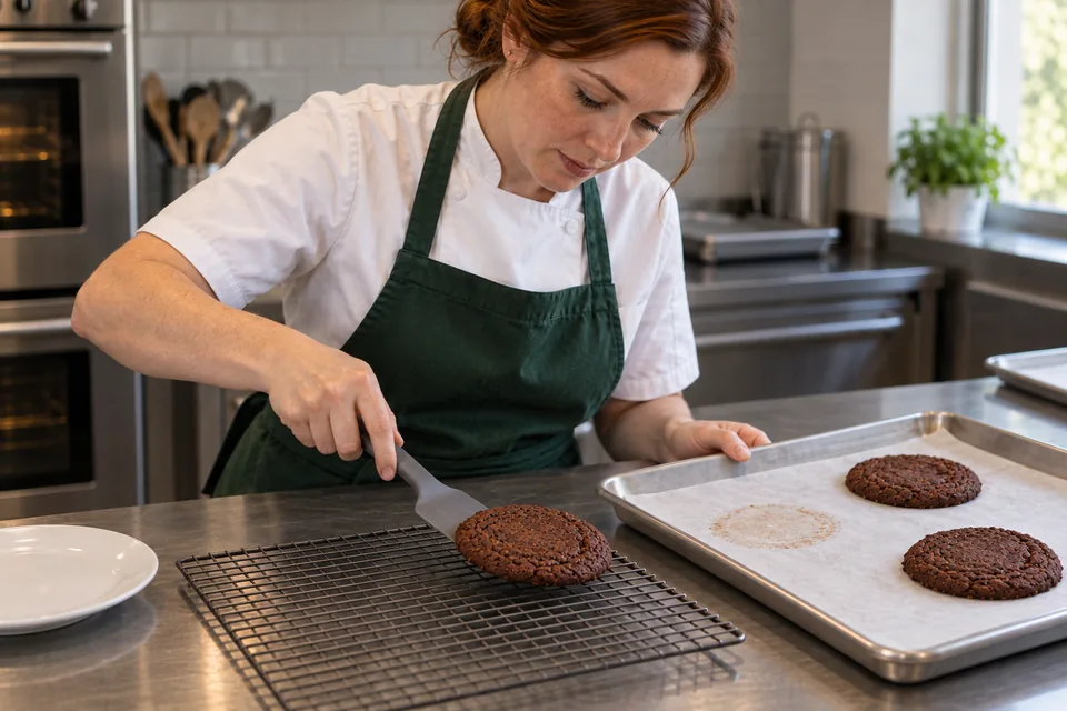 A spatula transfers a plain cocoa cookie from its tray to a wire rack.