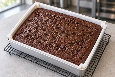 A plain chocolate zucchini cake in a parchment-lined rectangular tin.