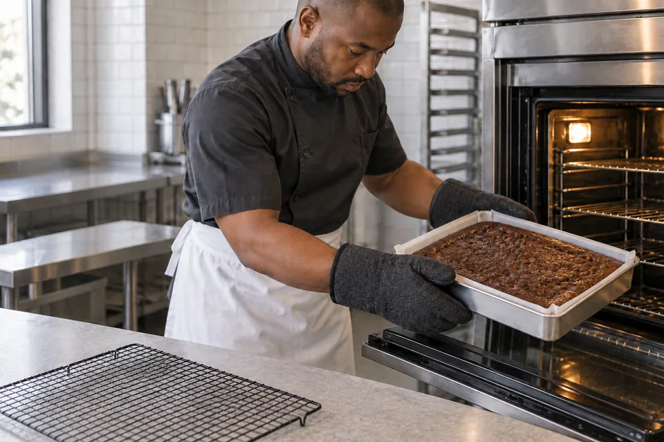 A cook uses mitts to remove a rectangular chocolate cake tin.