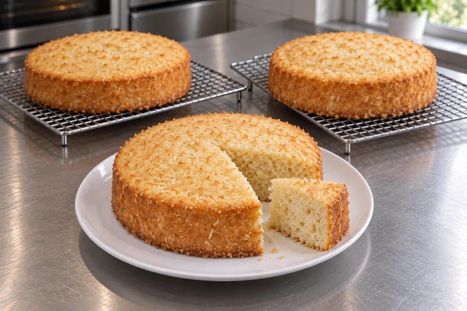 Bare coconut cake layers, with a wedge showing the pale crumb.