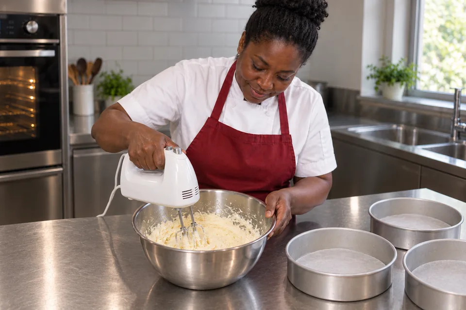 Cook uses a hand mixer in pale creamed butter and sugar.