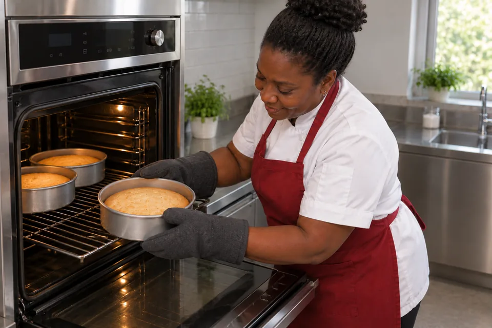 Cook wearing oven mitts removes a round coconut cake tin from the oven.