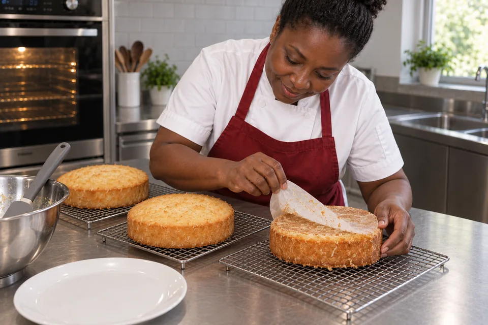 Three coconut cake layers rest on wire racks as parchment is removed.