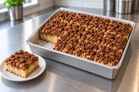 A square of cinnamon crumb cake beside the pan, with a matching corner gap.