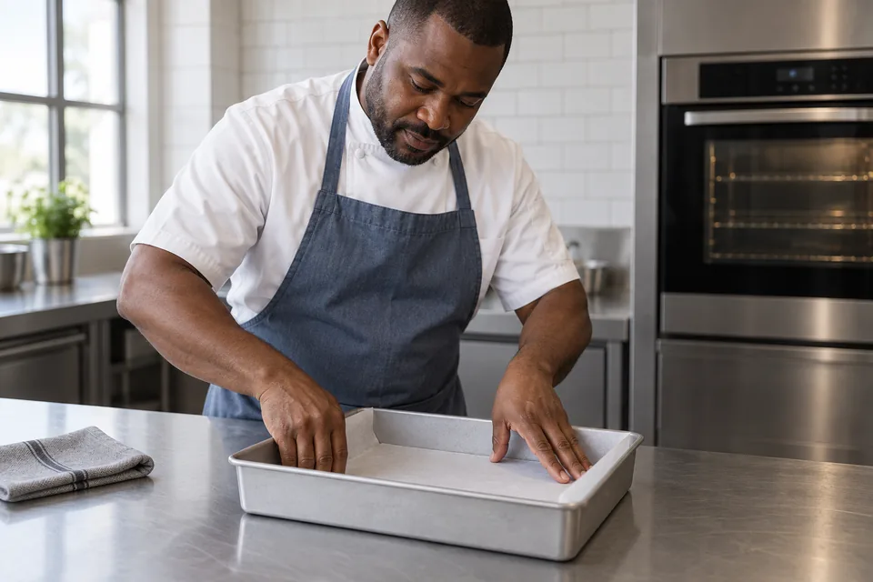 Cook presses parchment flat inside a rectangular metal cake pan.