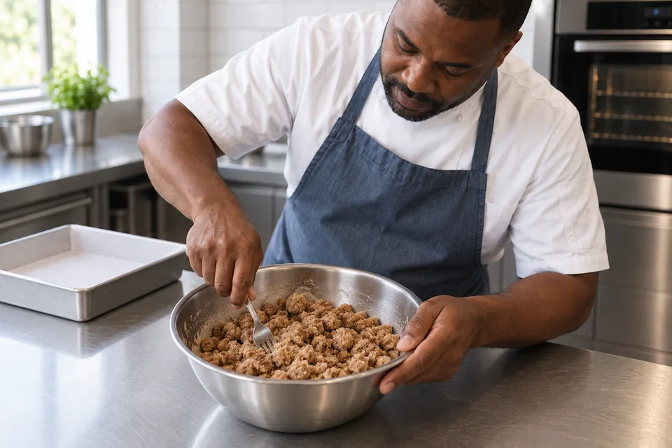 A fork breaks loose cinnamon crumbs in a steel bowl.