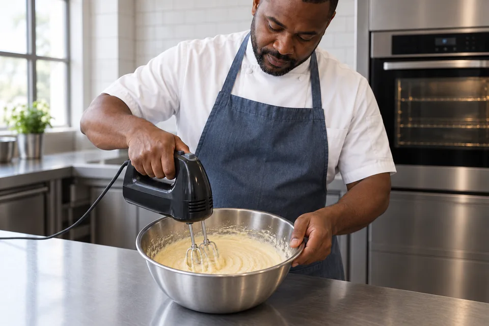 Cook uses a hand mixer in a bowl of pale creamy mixture.