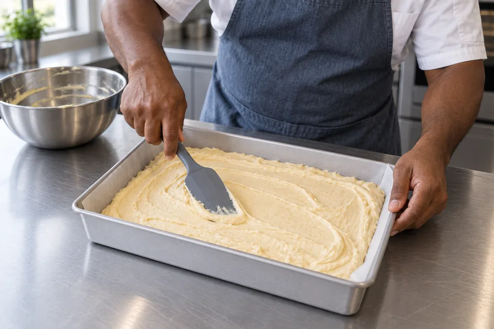 Hands smooth pale cake batter in a parchment-lined rectangular pan.