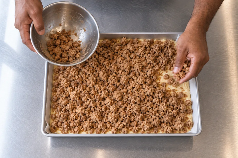Overhead view of a hand scattering cinnamon crumbs over pale cake batter.