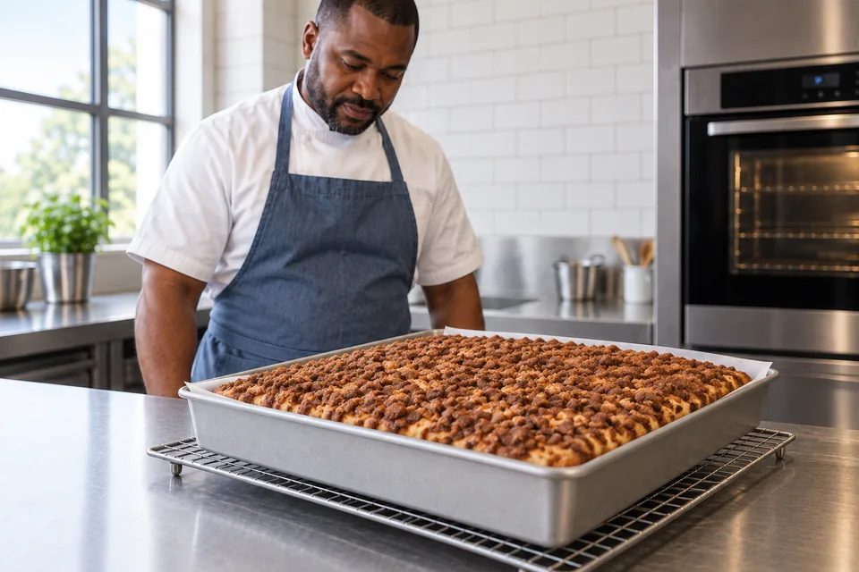 Whole cinnamon crumb cake rests in its metal pan on a wire rack.