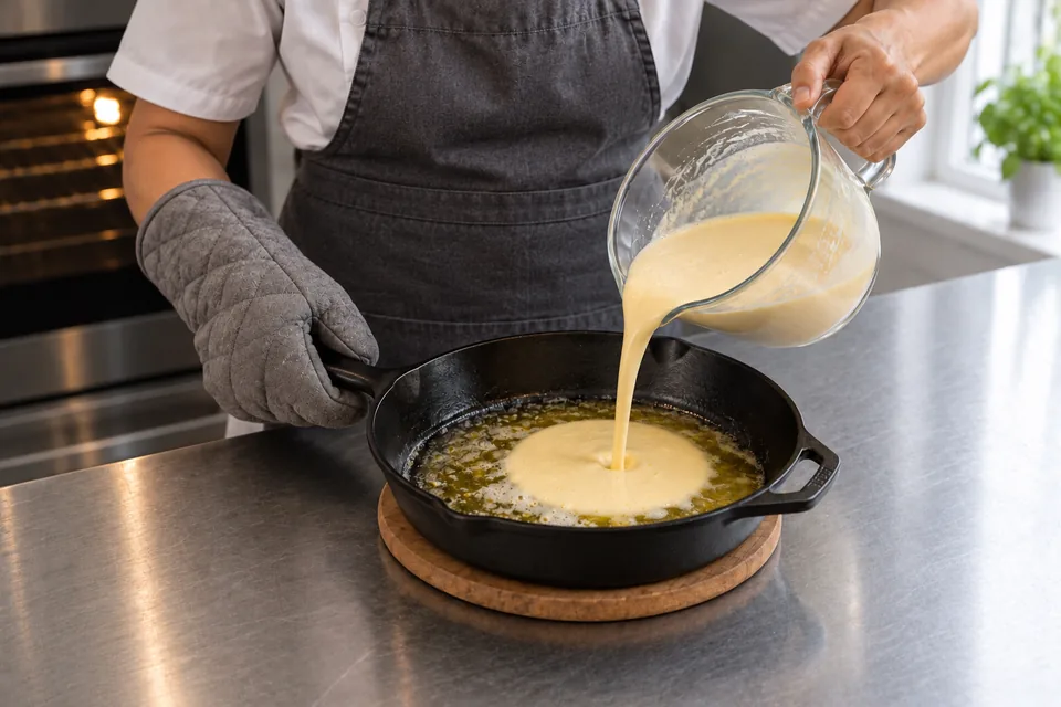Cook pours pale batter into a buttered skillet while holding its handle with an oven mitt.