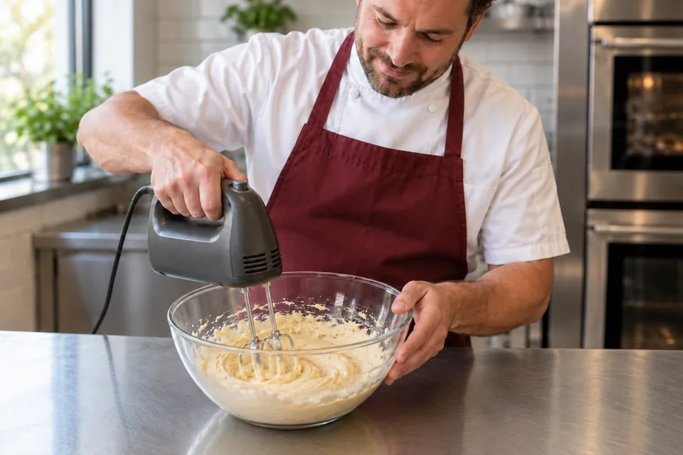 Hand mixer beats a smooth pale butter, sugar and egg mixture in a glass bowl.