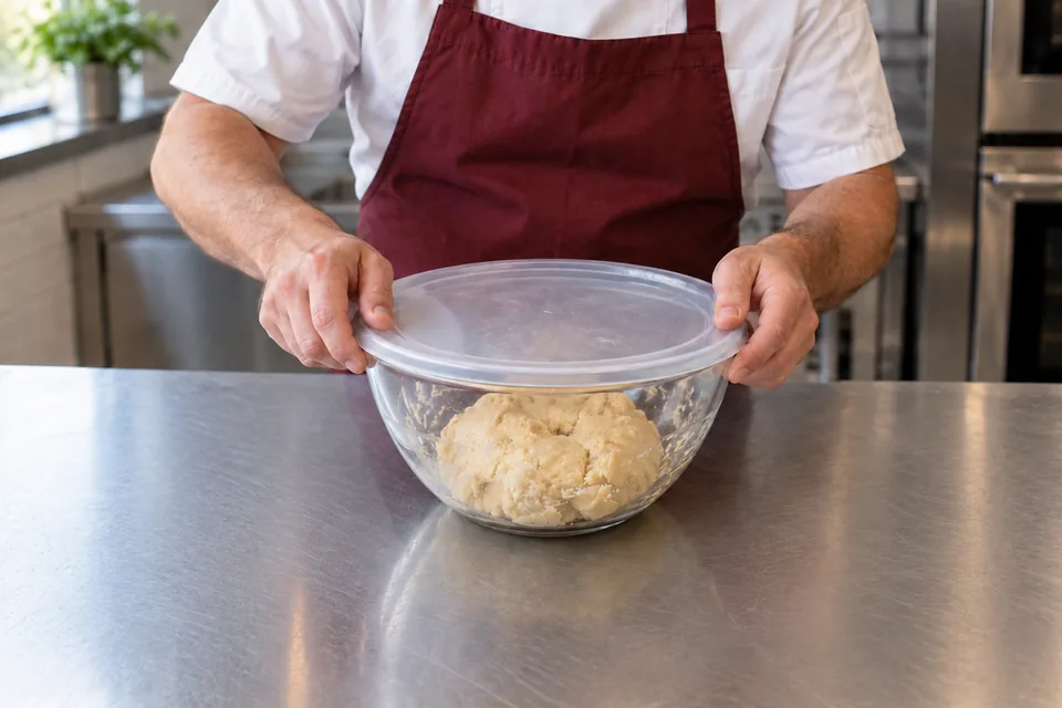 Hands cover a glass bowl of soft cookie dough.