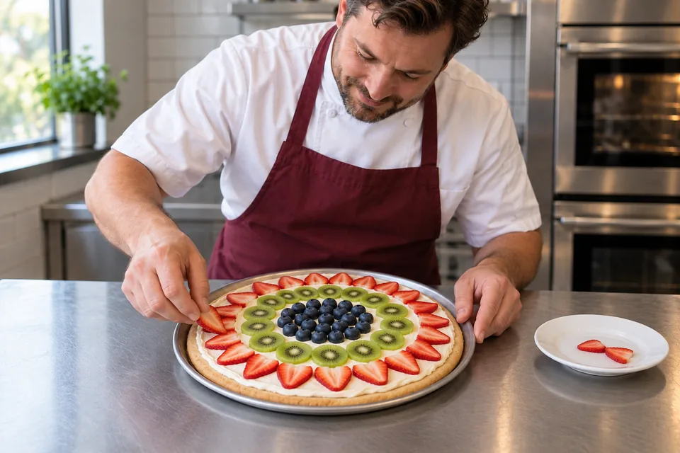 Hands finish arranging strawberries, kiwi and blueberries over an iced round cookie.
