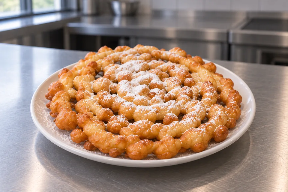 A golden funnel cake with a light icing-sugar dusting on a plain plate.