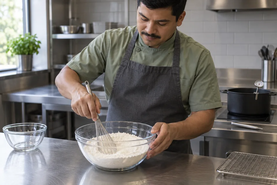 A cook whisking the dry ingredients in a clear glass bowl.