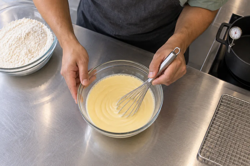 Hands whisk a smooth milk and egg mixture in a smaller glass bowl.