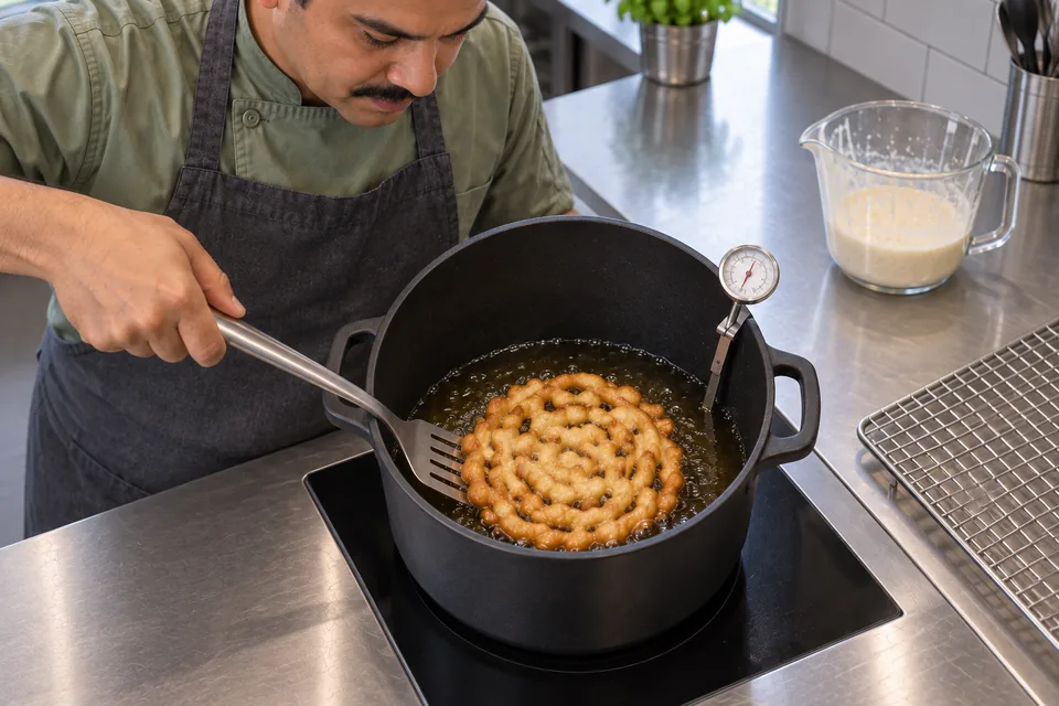 A golden funnel cake is turned with a long metal spatula in a deep pot.