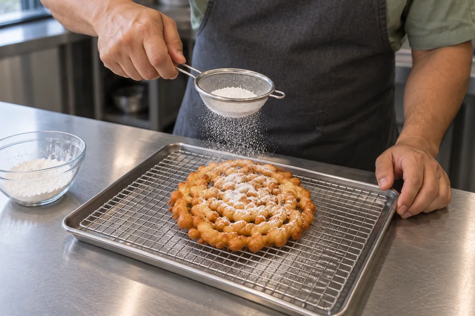 A drained funnel cake on a cooling rack receives a light dusting of icing sugar.