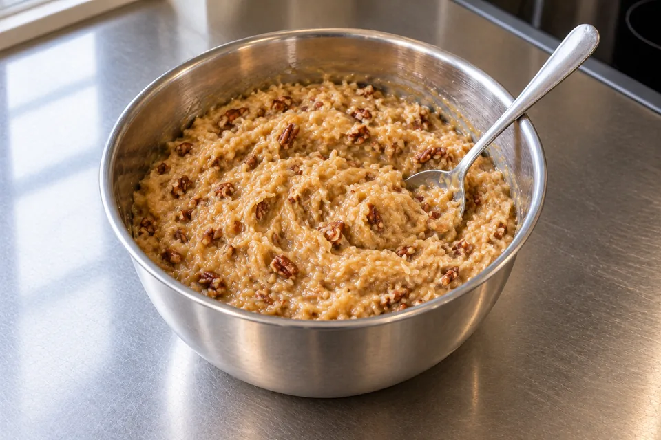 A bowl of thick golden coconut and pecan filling with a spoon.