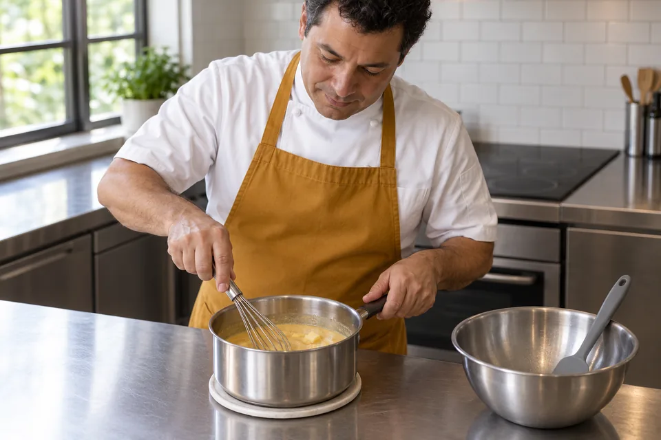 Cook whisks a pale custard mixture in a stainless saucepan.