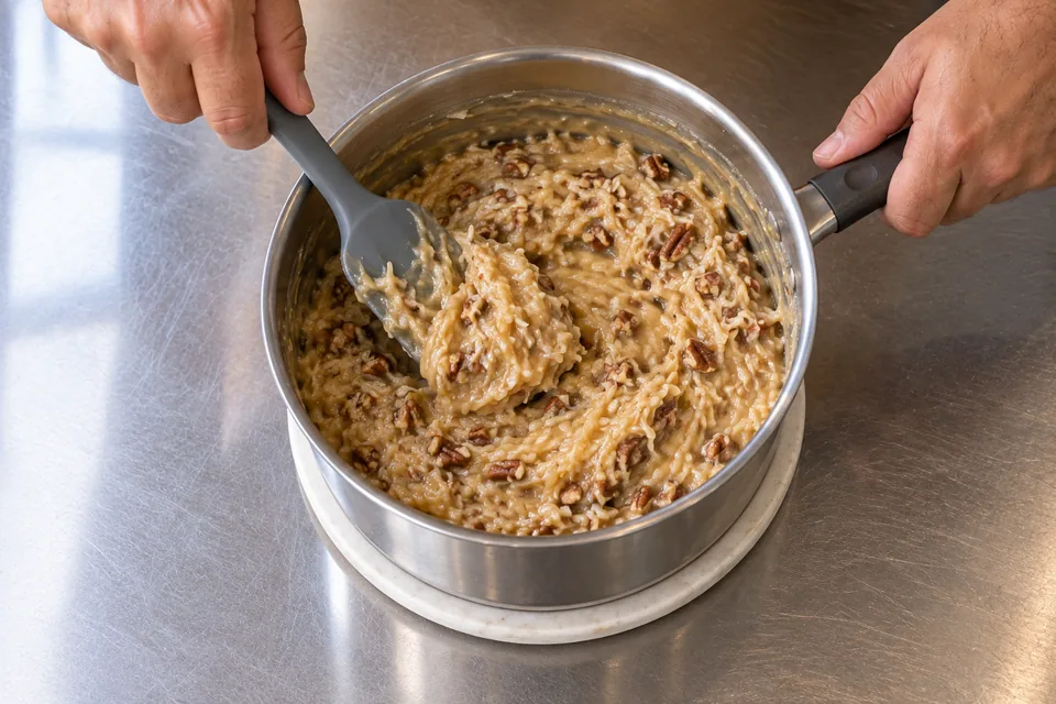 Hands stir coconut and chopped pecans through a thick golden filling.