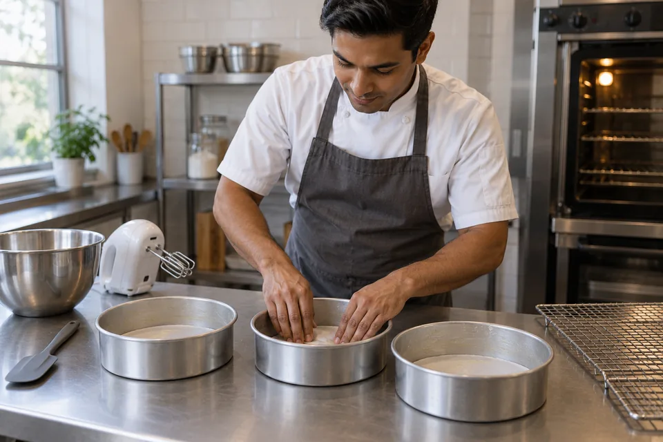 Cook lines one of three round cake tins with parchment.