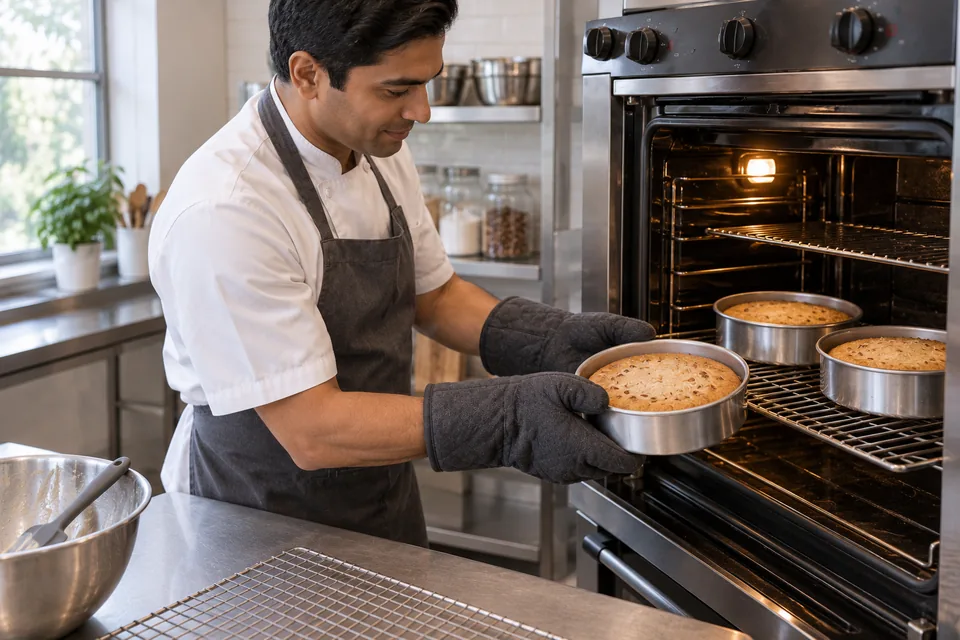 Cook wearing oven mitts removes one round cake tin while two others remain in the oven.
