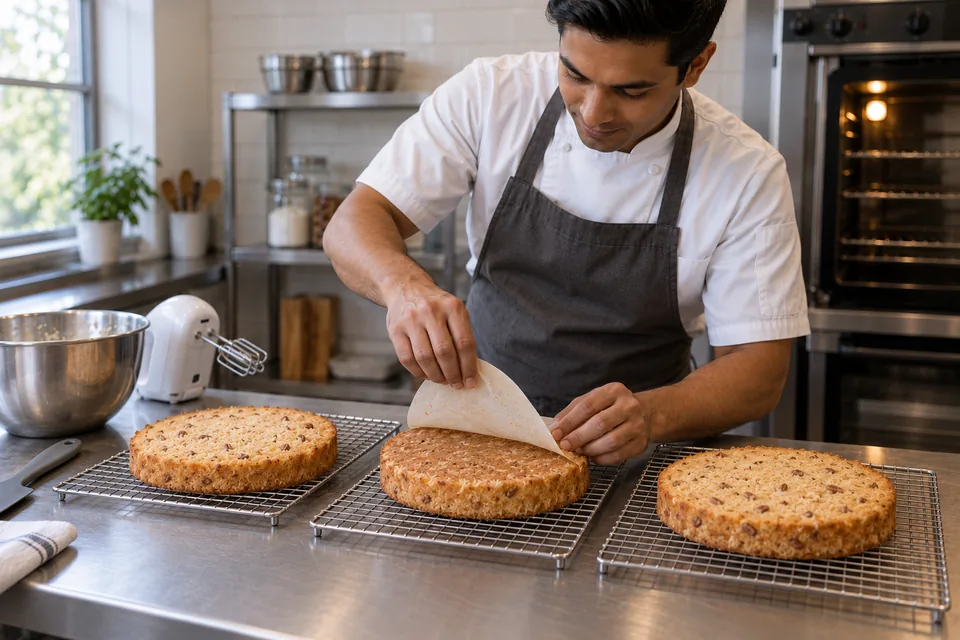 Three coconut and pecan cake layers cool on wire racks as parchment is peeled from one.