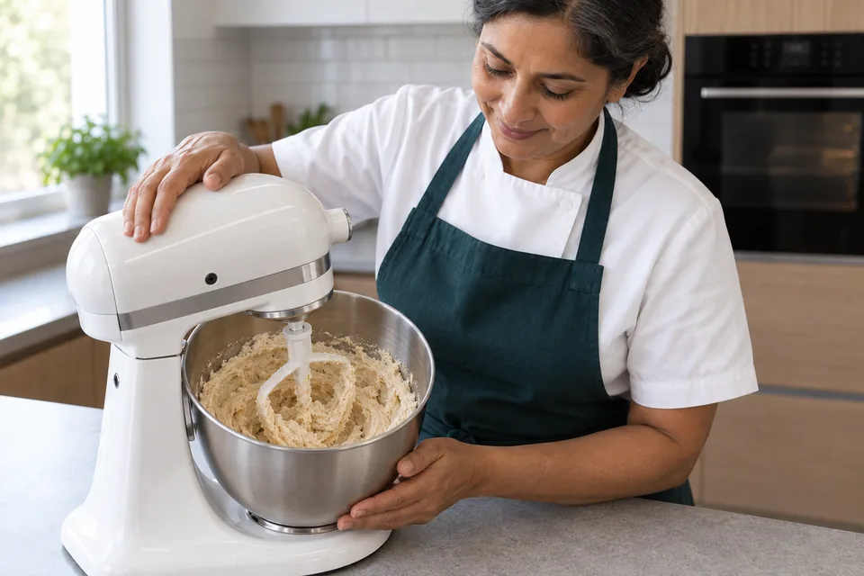 Stand mixer creams butter and sugars into a pale tan mixture.