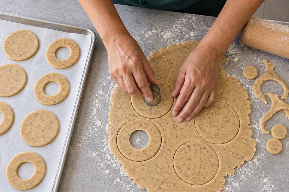Hands cut circular windows in thin cookie rounds beside matching solid rounds.