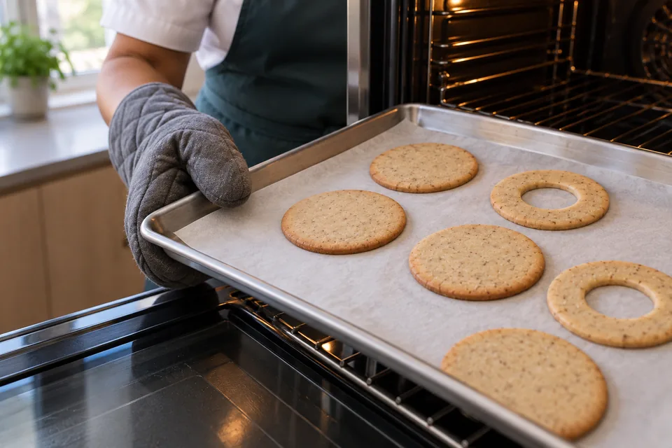 An oven-mitted hand draws out a tray of pale golden solid and windowed cookies.