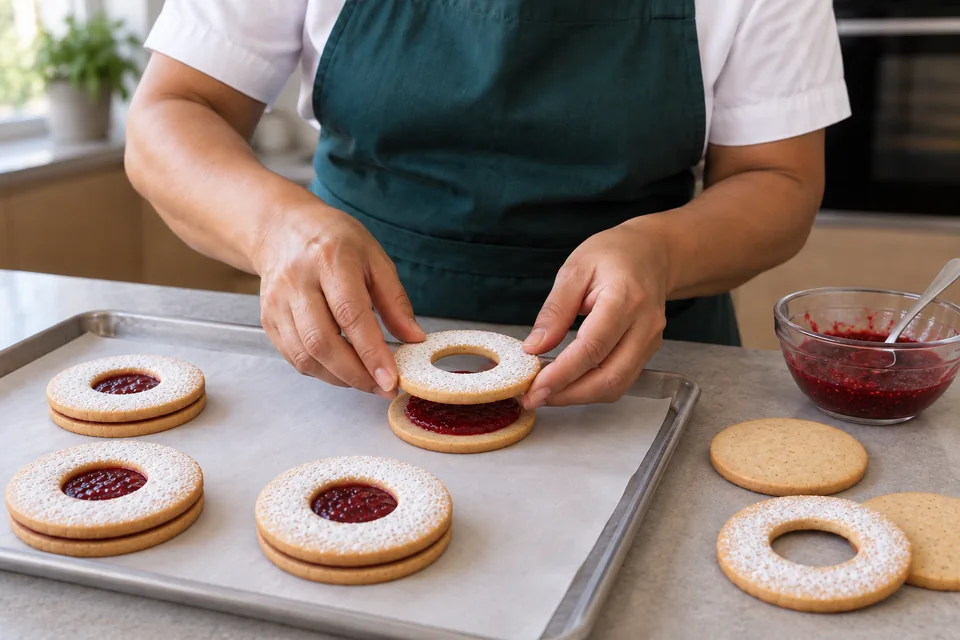 Hands place a sugar-dusted windowed top over a raspberry-jam cookie base.