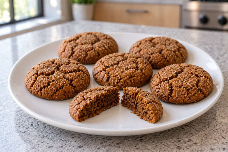 Sugar-coated molasses cookies and one split cookie show a soft brown centre.
