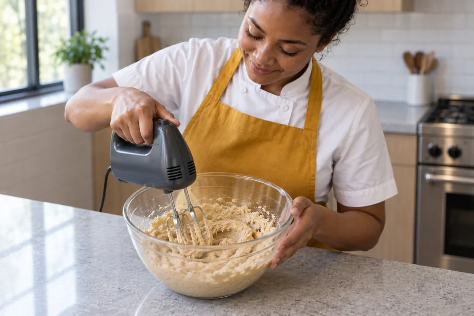 Hand mixer creams butter and sugars in a glass bowl.