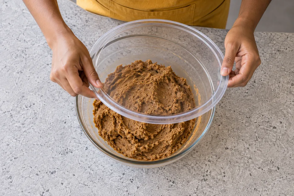 Hands cover a bowl of thick brown molasses cookie dough.