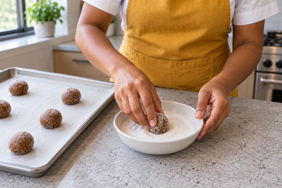 Hands roll a brown dough ball in sugar beside spaced raw balls on parchment.