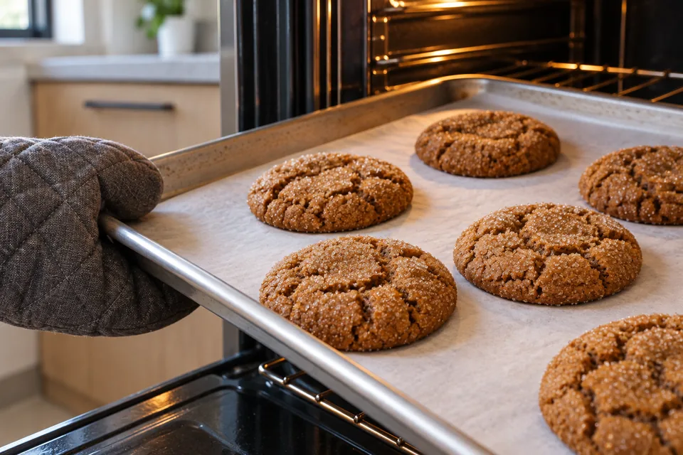 Oven-mitted hand draws out a tray of cracked sugar-coated molasses cookies.