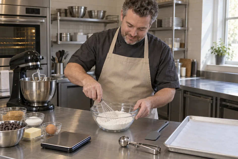 A cook whisking dry ingredients for peanut butter oat cookies.