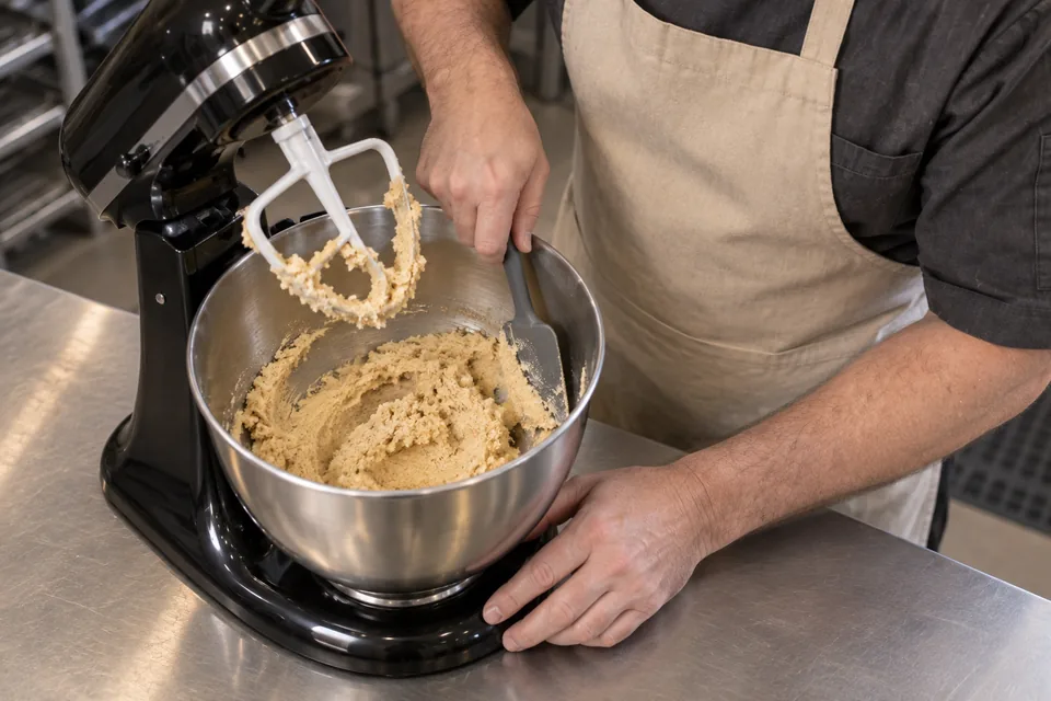 A stand mixer creams butter and sugars in its steel bowl.