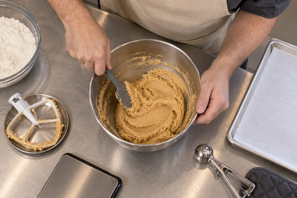 The smooth peanut butter base is scraped inside a mixer bowl.