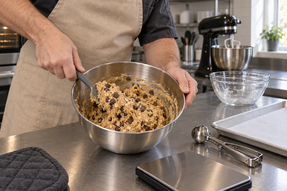 A spatula folds chocolate chips and quick oats through cookie dough.