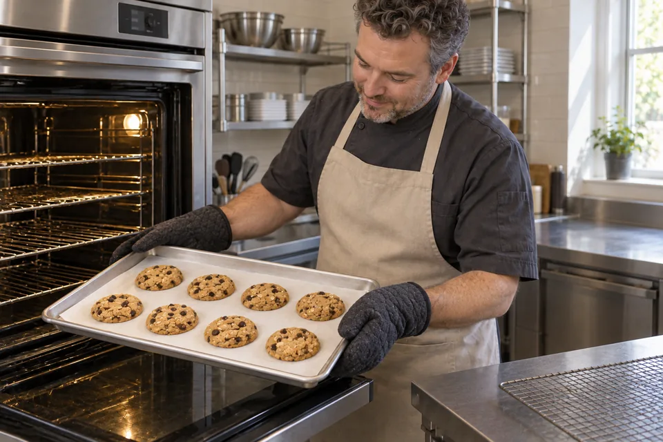 A cook removes a tray of eight peanut butter oat cookies with mitts.