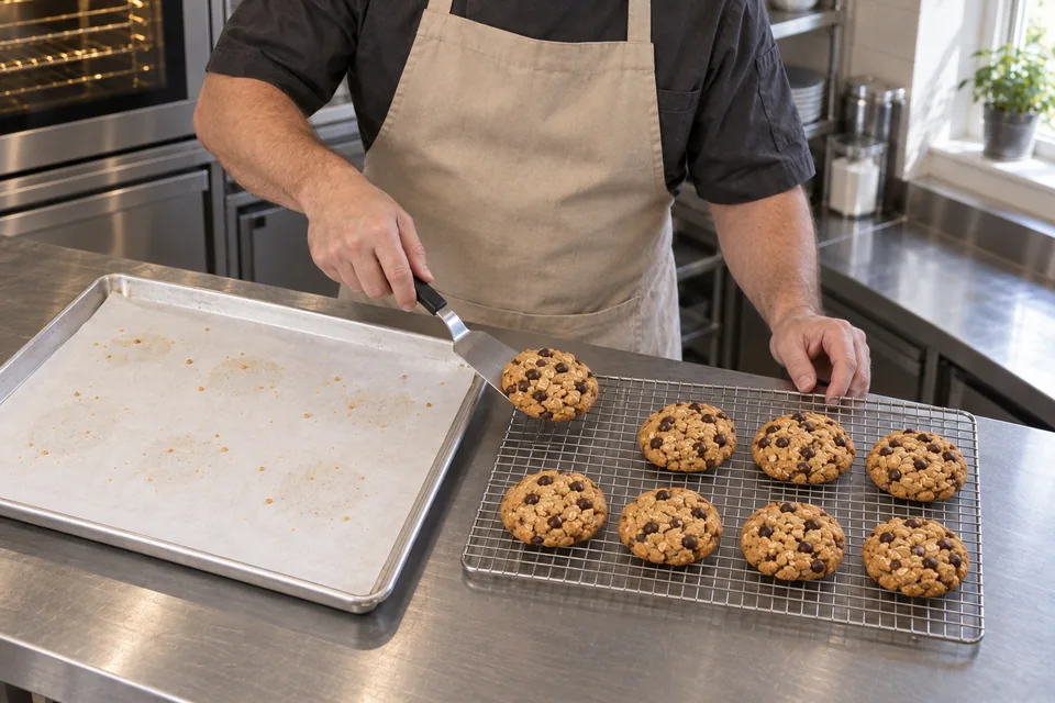 A cook moves the final cookie from its empty tray to a cooling rack.