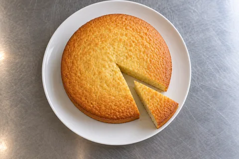 A slice of golden olive-oil cake sits beside its matching gap on a white plate.