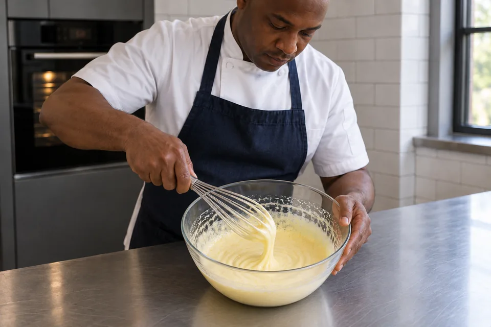 Hands whisk a pale foamy egg and sugar mixture in a glass bowl.