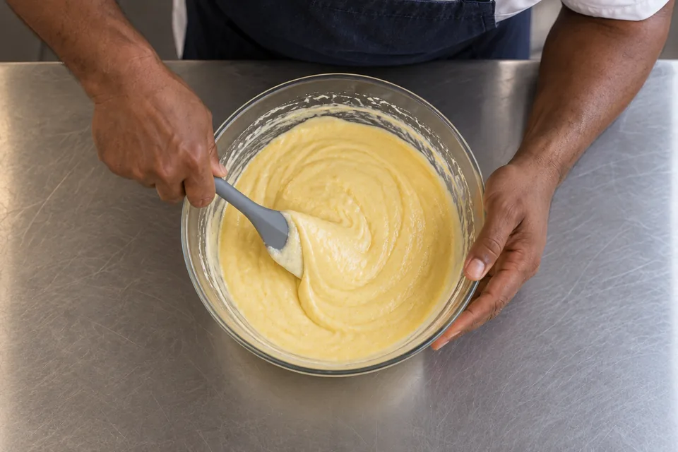 Grey spatula folds smooth pale-yellow cake batter without flour streaks.