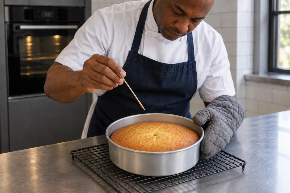 Cook tests a golden cake with a wooden skewer while an oven mitt steadies the tin.